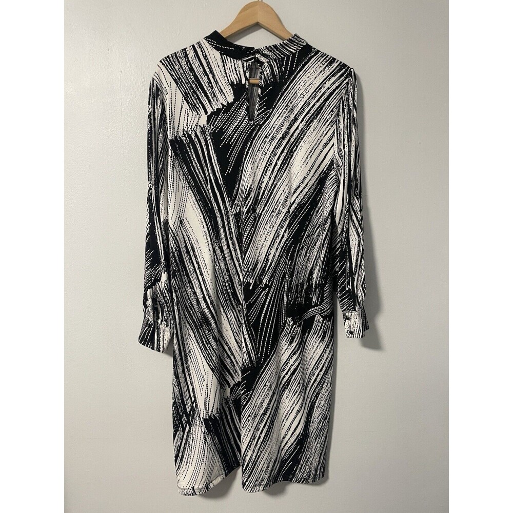 Avenue Black White Abstract Print Mock Neck‎ Long Sleeve Dress Women's 18/20 NWT